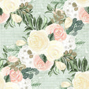 Watercolor Roses Bundles on Stripes Fabric - Green - ineedfabric.com