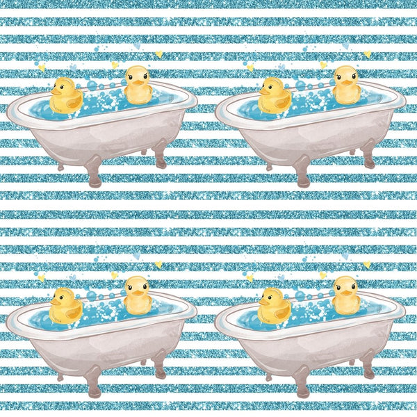 Watercolor Rubber Ducks in Bathtub on Stripes Fabric - ineedfabric.com