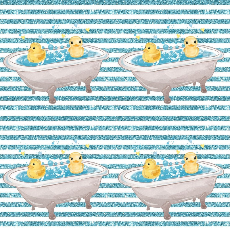 Watercolor Rubber Ducks in Bathtub on Stripes Fabric - ineedfabric.com