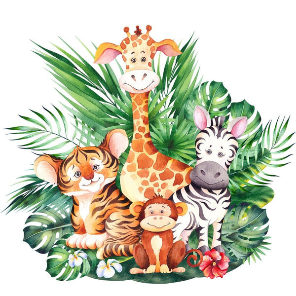Watercolor Safari Animals with Leaves Fabric Panel - ineedfabric.com
