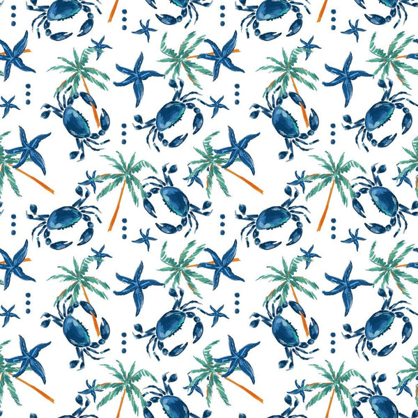 Watercolor Scattered Crabs & Starfish Fabric - ineedfabric.com