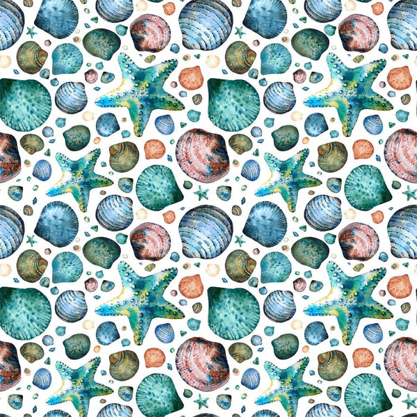Watercolor Seashells and Starfish Fabric - ineedfabric.com