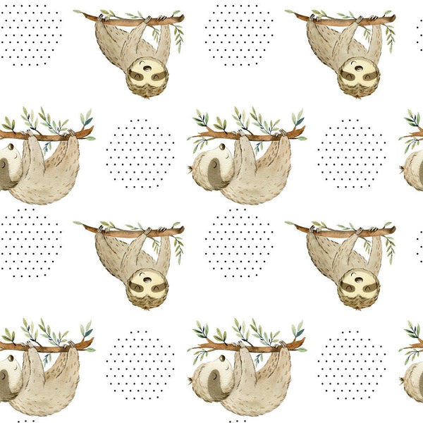 Watercolor Sloths and Dots Fabric - White - ineedfabric.com