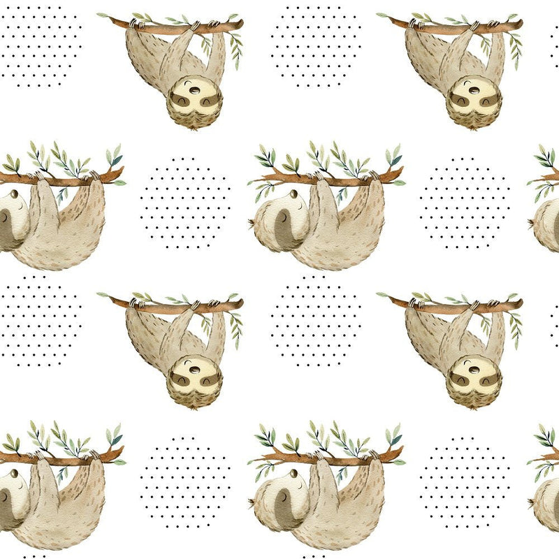 Watercolor Sloths and Dots Fabric - White - ineedfabric.com