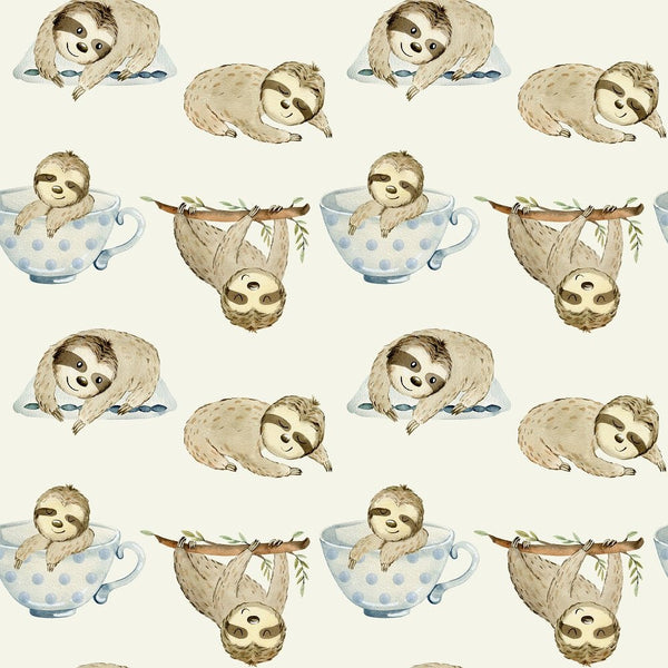 Watercolor Sloths In Cups Fabric - Tan - ineedfabric.com
