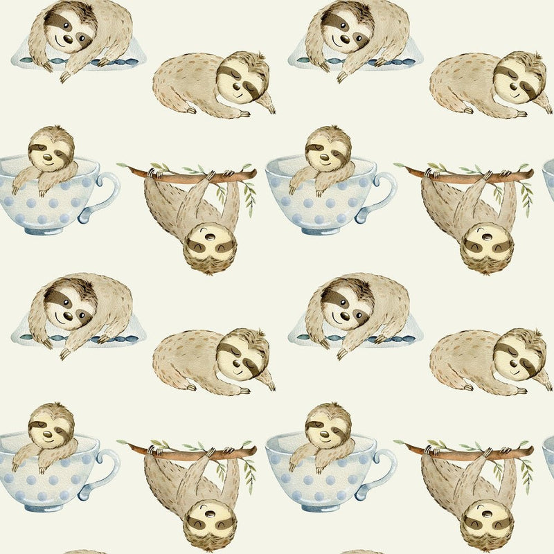 Watercolor Sloths In Cups Fabric - Tan - ineedfabric.com