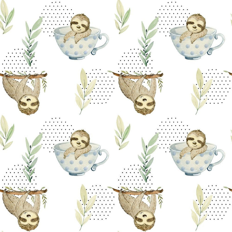 Watercolor Sloths In Cups Fabric - White - ineedfabric.com