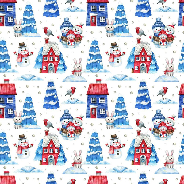Watercolor Snowman Family & Animals Fabric - ineedfabric.com