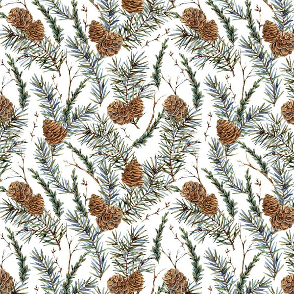 Watercolor Sprig Of Fir Trees & Pinecones Fabric - White - ineedfabric.com