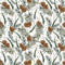 Watercolor Sprig Of Fir Trees & Pinecones Fabric - White - ineedfabric.com