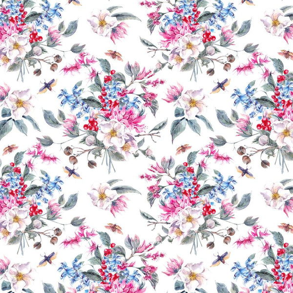 Watercolor Spring Flowers & Beetles Fabric - Pink - ineedfabric.com