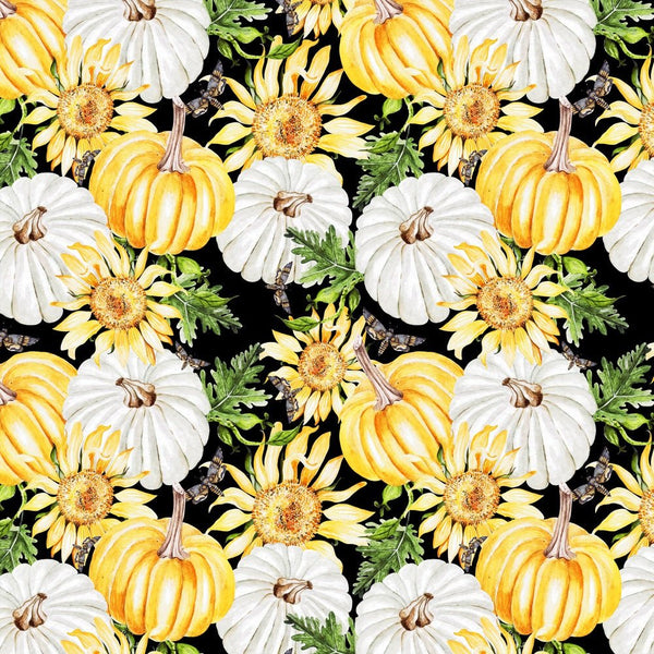 Watercolor Sunflowers and Pumpkins Fabric - ineedfabric.com
