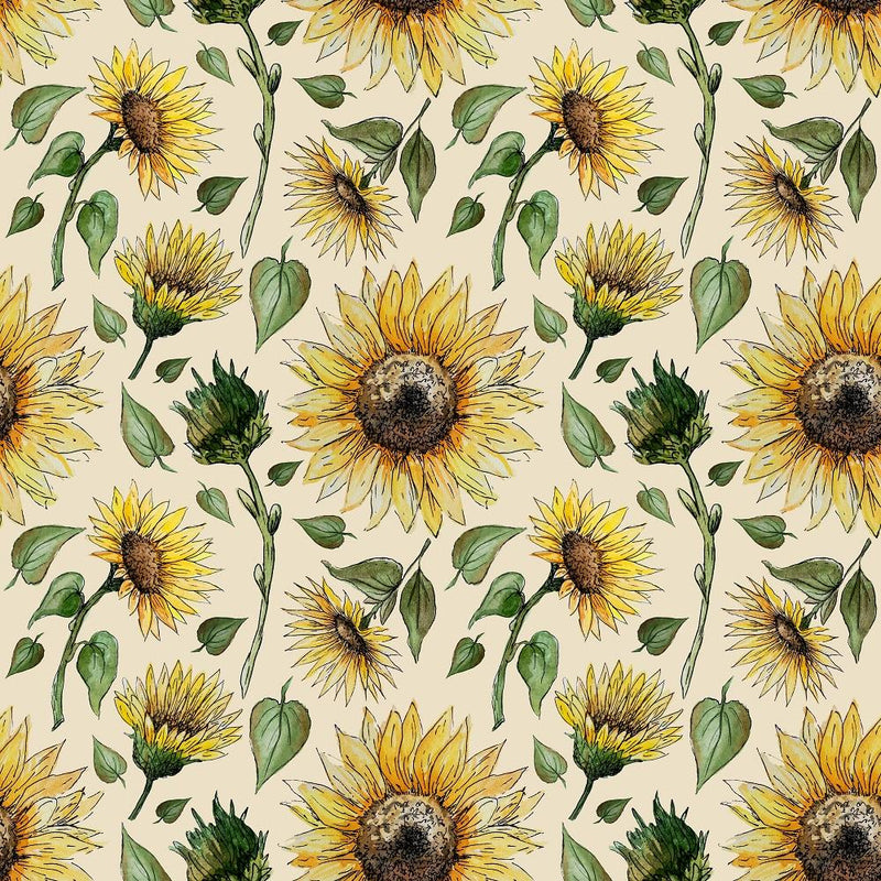 Watercolor Sunflowers & Buds Fabric - Tan - ineedfabric.com