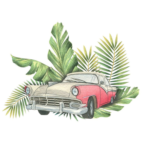 Watercolor Tropical Leaves and Vintage Car Fabric Panel - ineedfabric.com