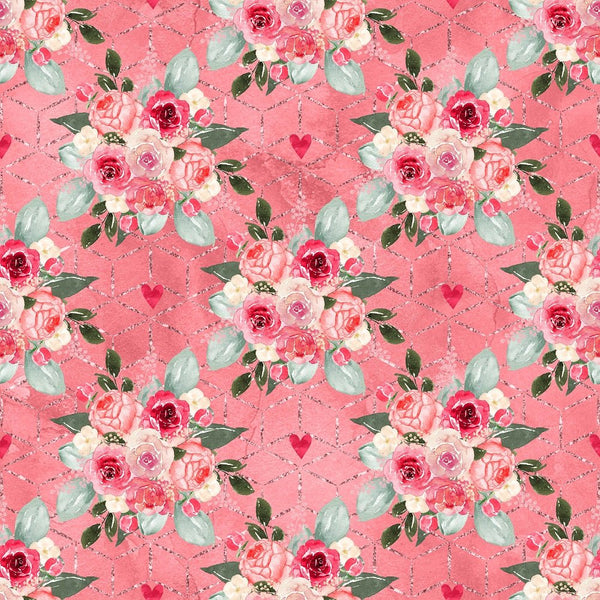 Watercolor Valentine Roses Bouquets Fabric - Pink - ineedfabric.com