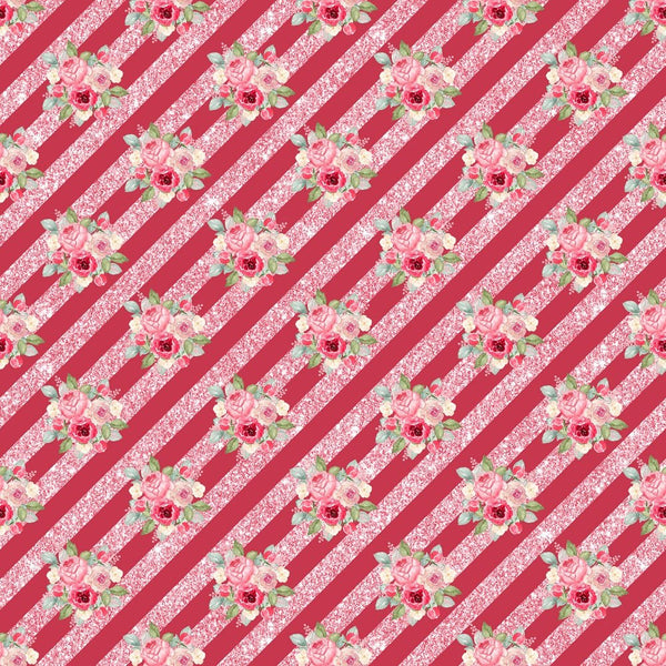 Watercolor Valentine Roses Bouquets on Stripes Fabric - Red - ineedfabric.com