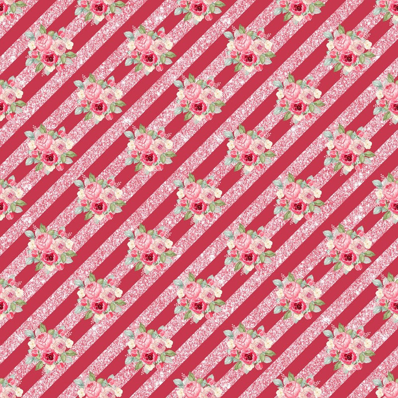 Watercolor Valentine Roses Bouquets on Stripes Fabric - Red - ineedfabric.com