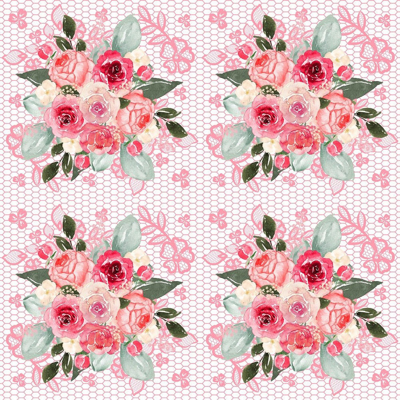 Watercolor Valentine Roses on Pink Lace Fabric - White - ineedfabric.com