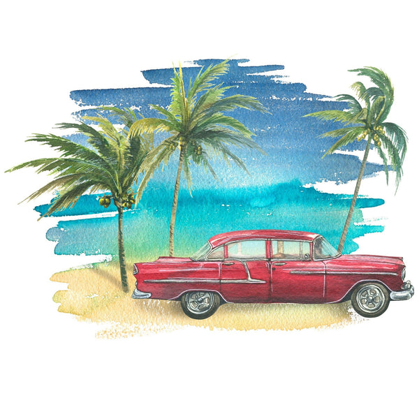 Watercolor Vintage Car on Beach Fabric Panel - ineedfabric.com