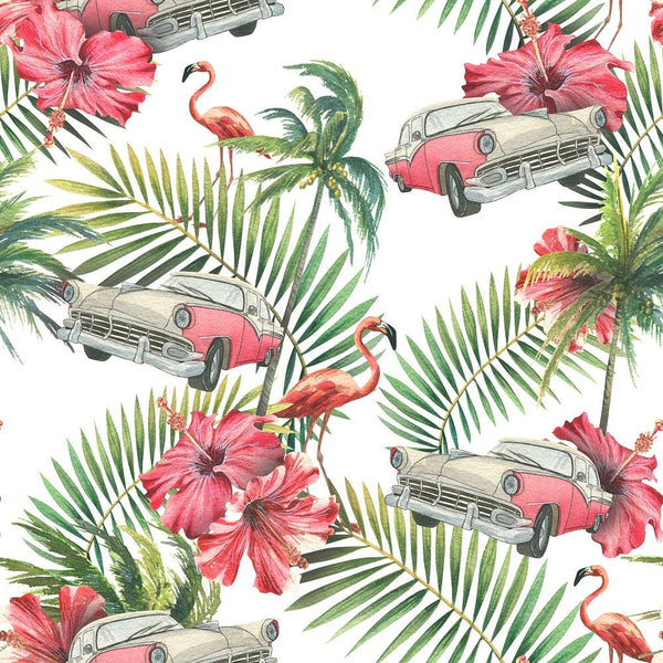 Watercolor Vintage Cars in the Tropics Fabric - ineedfabric.com