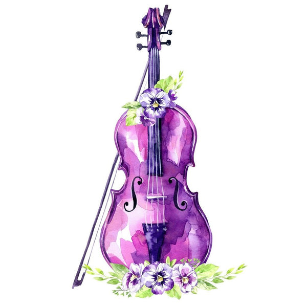 Watercolor Vintage Purple Violin Fabric Panel - ineedfabric.com
