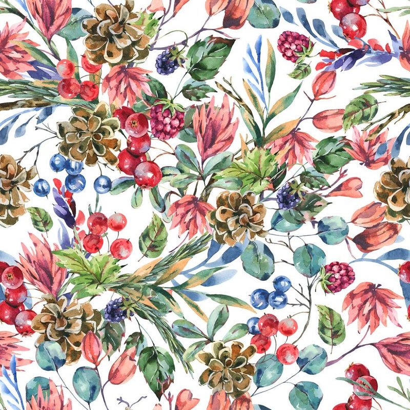 Watercolor Vintage Wildflowers & Berries Fabric - White - ineedfabric.com