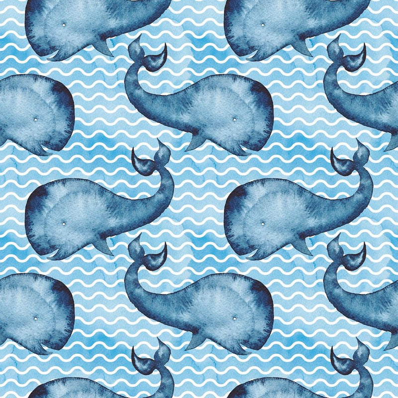 Watercolor Whales on Waves Fabric - ineedfabric.com