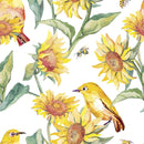 Watercolor White-Eye Bird & Sunflower Fabric - White - ineedfabric.com