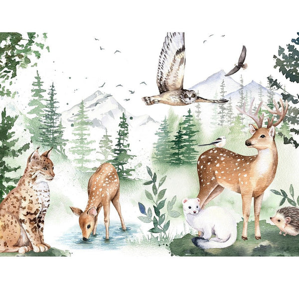 Watercolor Woodland Animals Scene Fabric Panel - ineedfabric.com