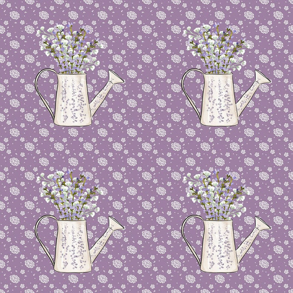 Watering Pot on Small Flowers Fabric - Purple - ineedfabric.com