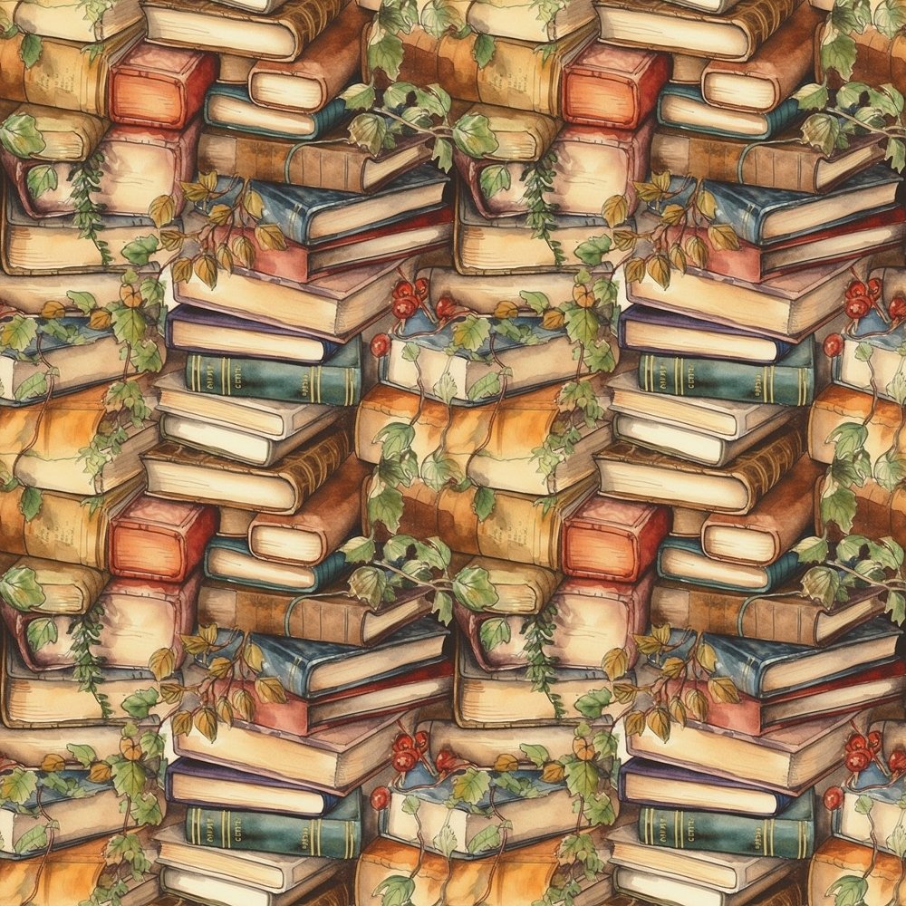 Whimsical Greenery & Stacked Books 3 Fabric – ineedfabric.com