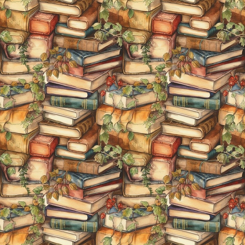 Whimsical Greenery & Stacked Books 3 Fabric - ineedfabric.com