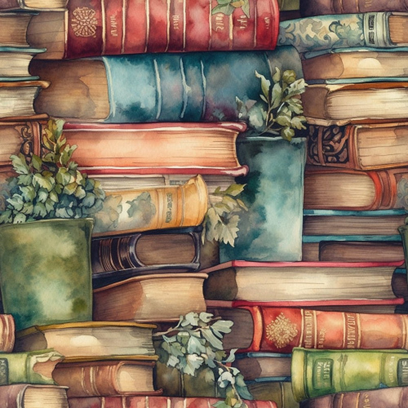 Whimsical Greenery & Stacked Books Fabric - ineedfabric.com