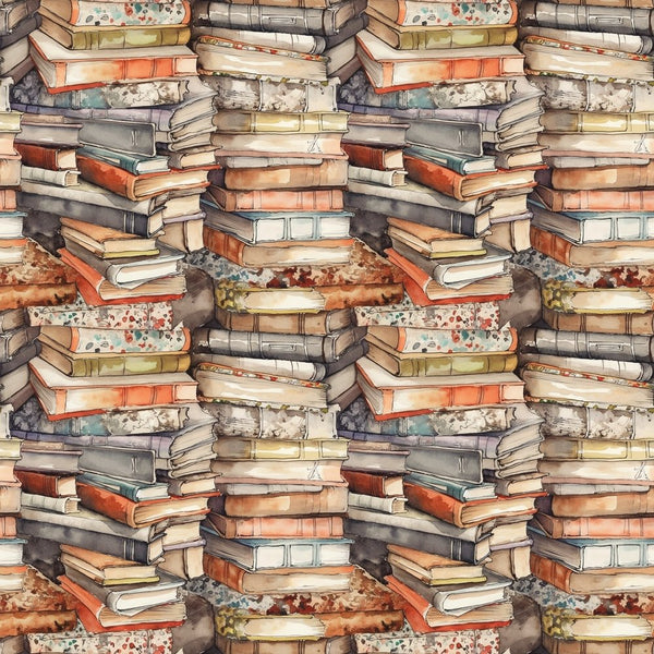 Whimsical Messy Stacked Books 1 Fabric - ineedfabric.com