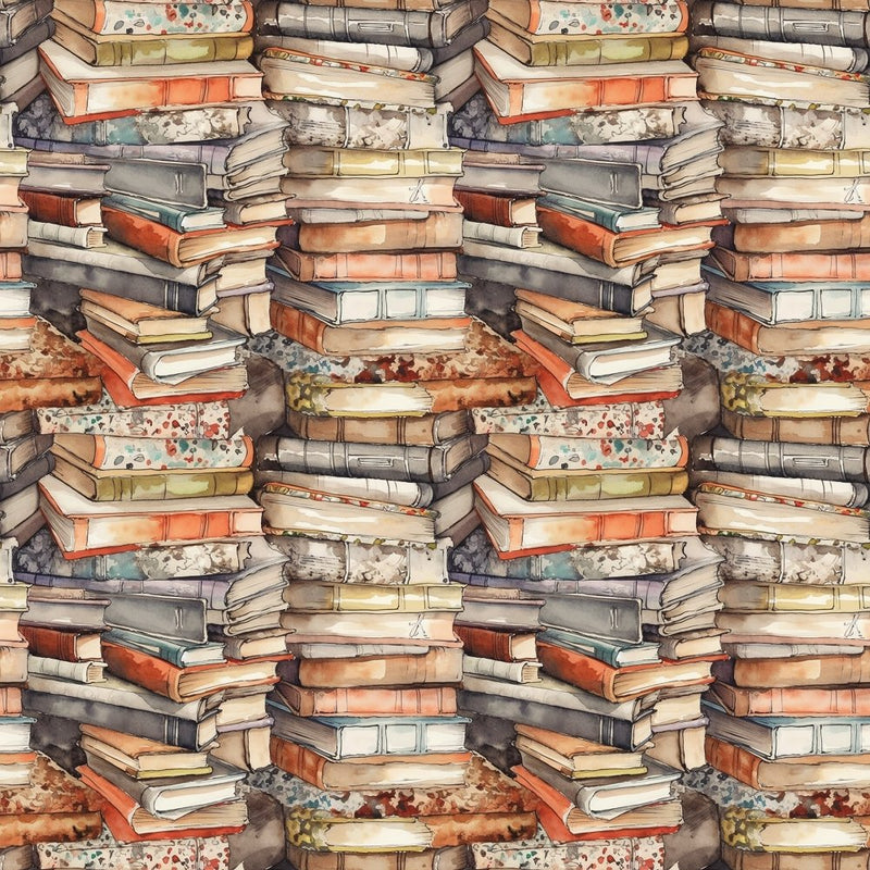 Whimsical Messy Stacked Books 1 Fabric - ineedfabric.com