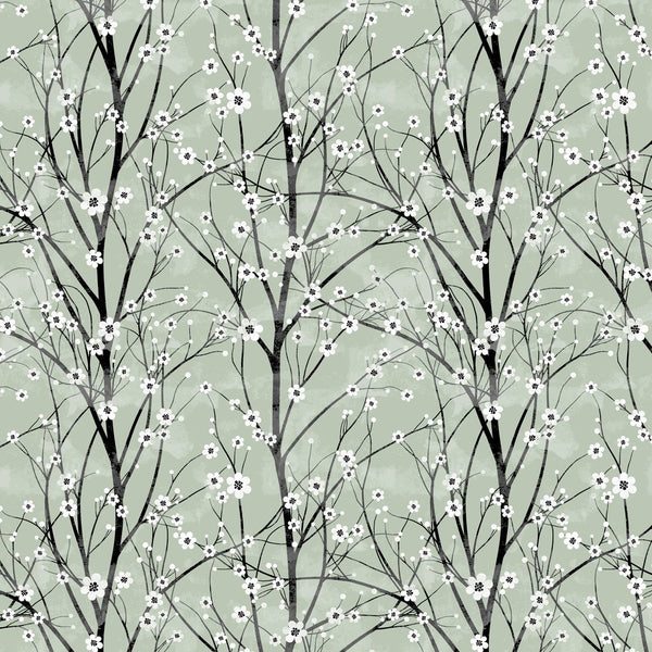 White Cherry Blossom Trees Fabric - ineedfabric.com