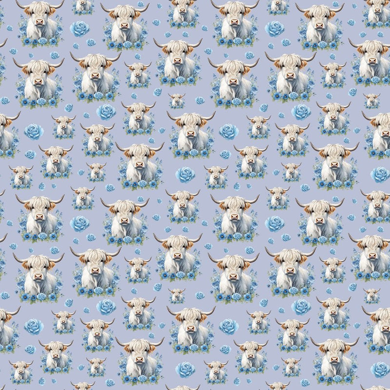White Highland Cows & Blue Flowers Fabric - Blue - ineedfabric.com