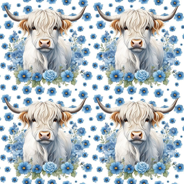 White Highland Cows & Flowers Fabric - Blue - ineedfabric.com
