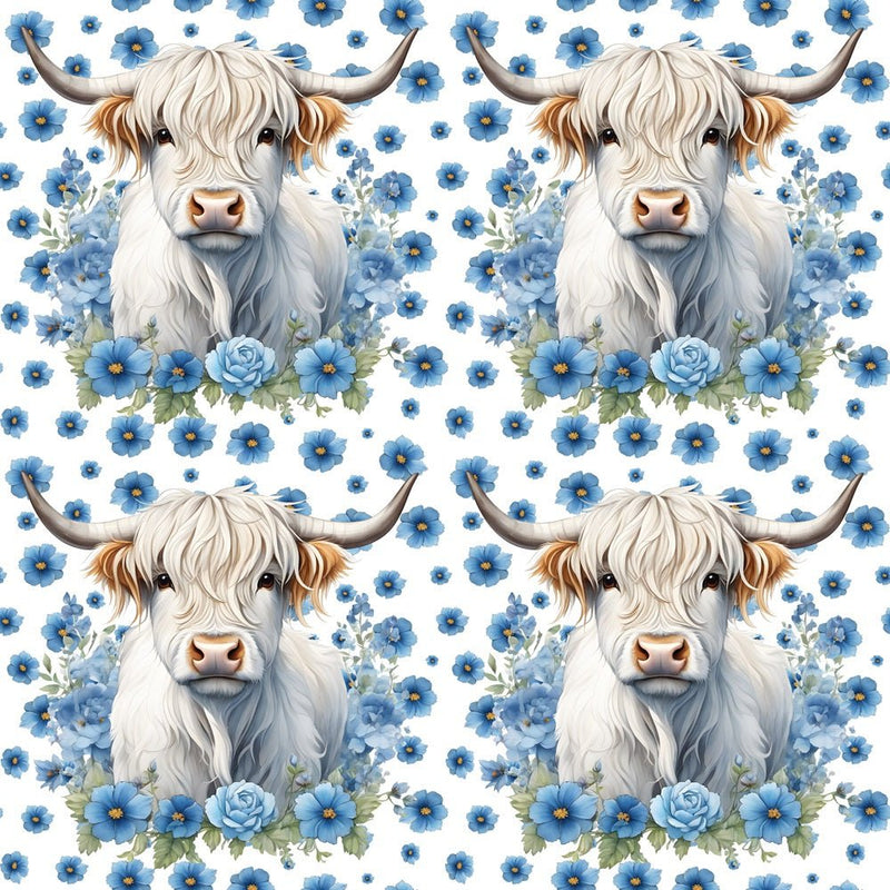 White Highland Cows & Flowers Fabric - Blue - ineedfabric.com