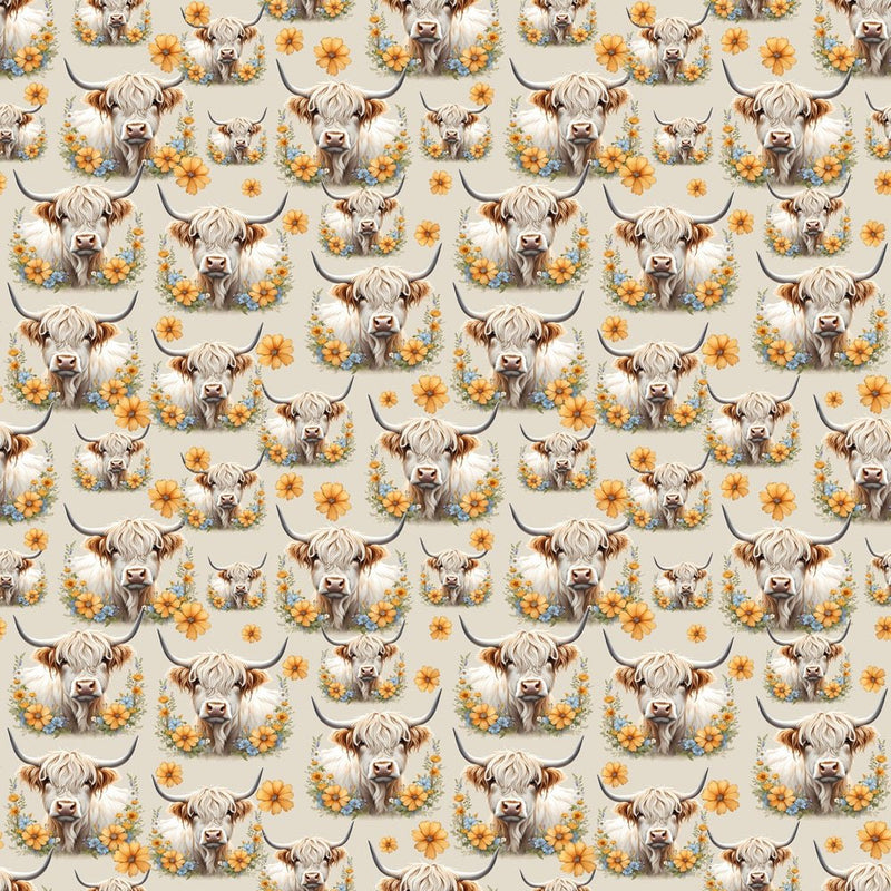 White Highland Cows & Flowers Fabric - Tan - ineedfabric.com