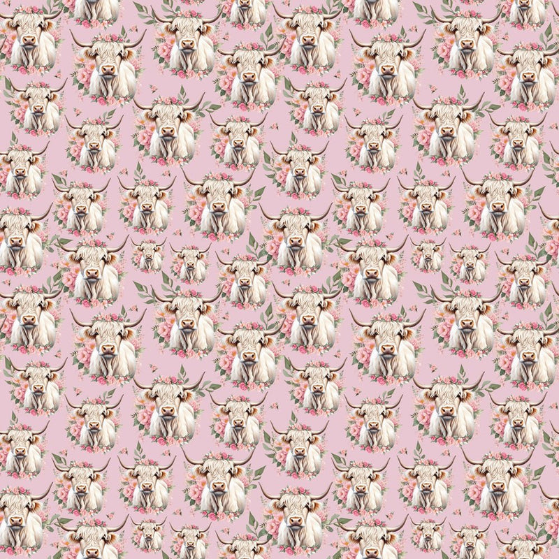 White Highland Cows & Pink Flowers Fabric- Pink - ineedfabric.com