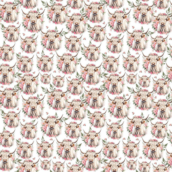 White Highland Cows & Pink Flowers Fabric - White - ineedfabric.com
