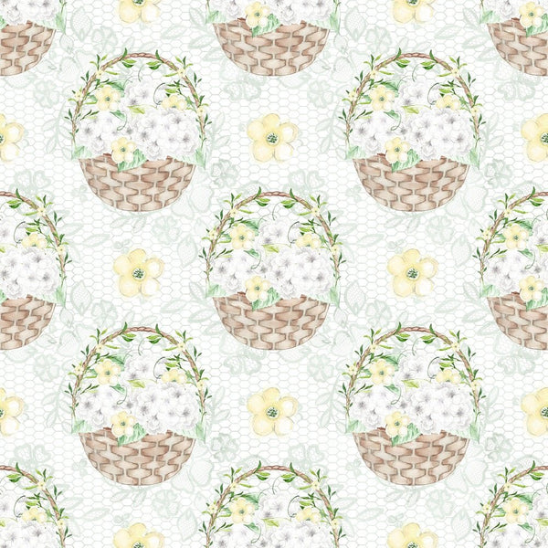 White Hydrangeas Baskets Fabric - White - ineedfabric.com