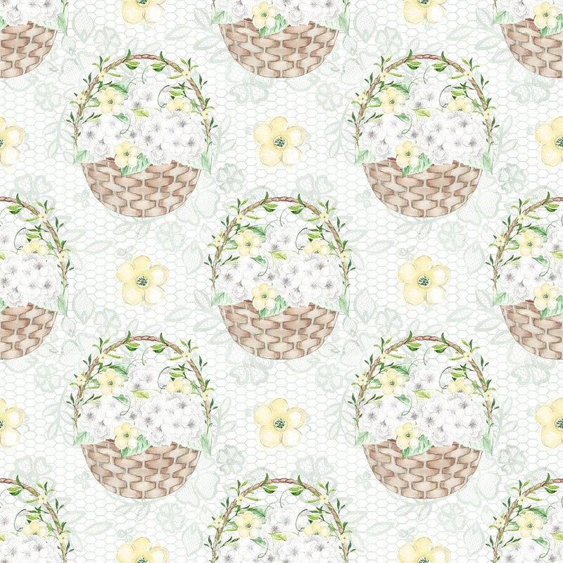 White Hydrangeas Baskets Fabric - White - ineedfabric.com