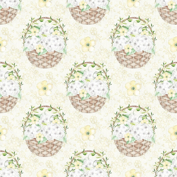 White Hydrangeas Baskets Fabric - Yellow - ineedfabric.com