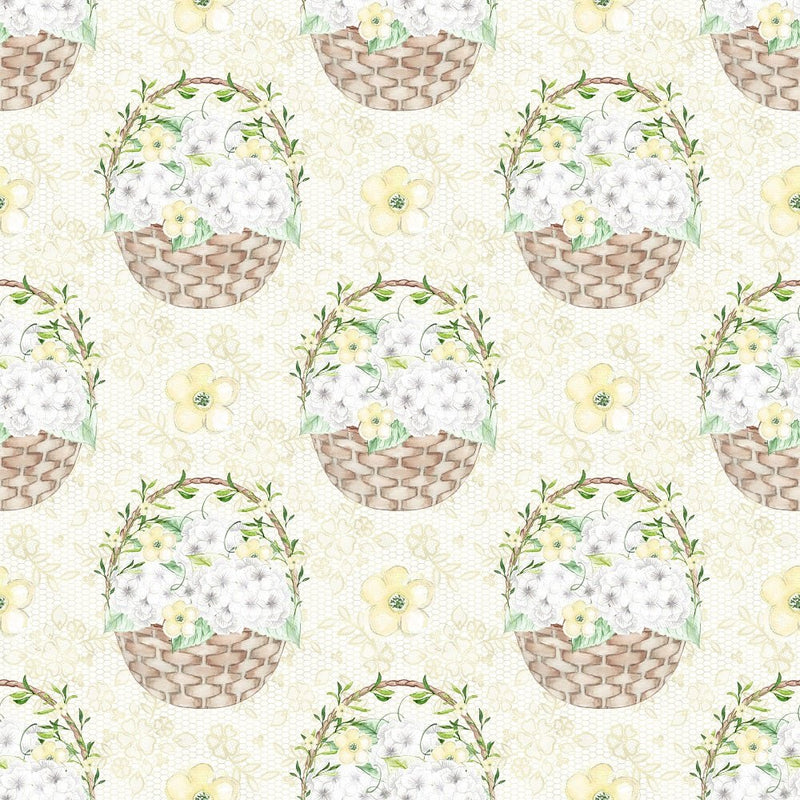 White Hydrangeas Baskets Fabric - Yellow - ineedfabric.com