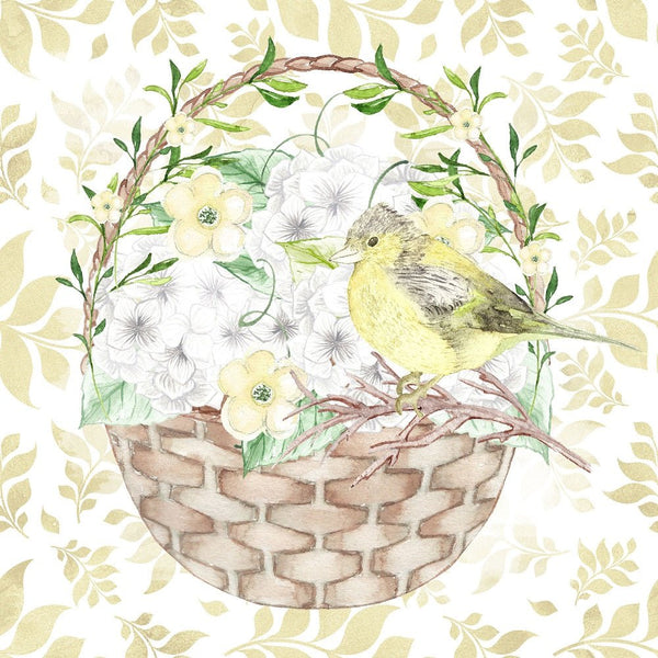 White Hydrangeas Bird Basket Fabric Panel - ineedfabric.com