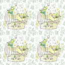 White Hydrangeas Birds and Cages on Leaves Fabric - ineedfabric.com