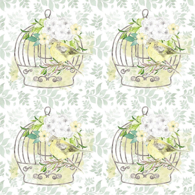 White Hydrangeas Birds and Cages on Leaves Fabric - ineedfabric.com