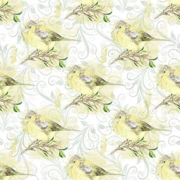 White Hydrangeas Birds on Green Leaves Fabric - ineedfabric.com